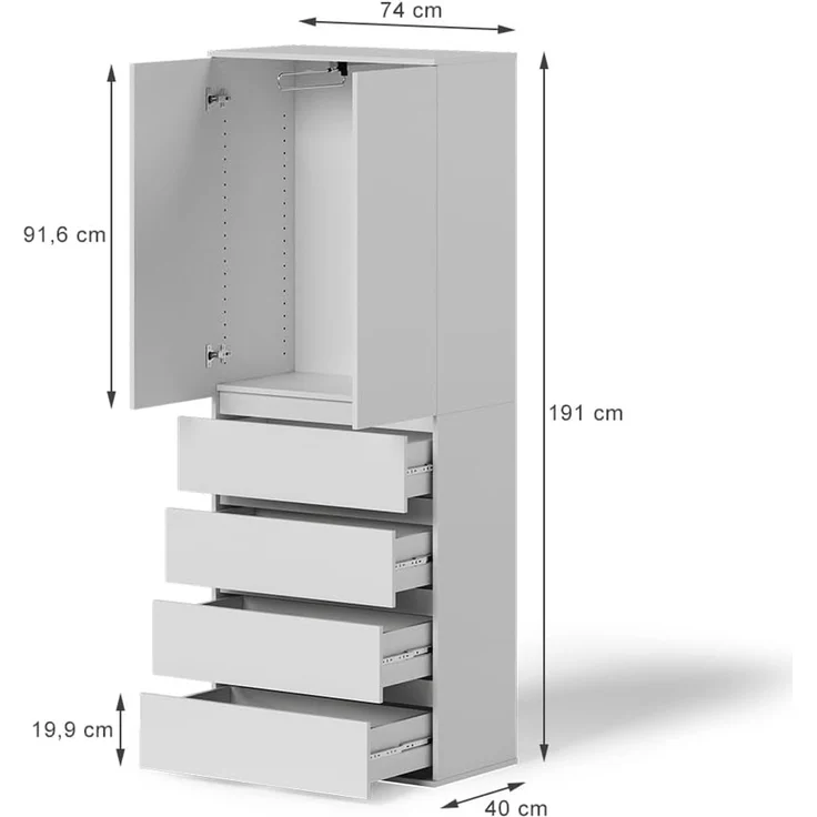 Kleiderschrank Claus Weiß 74 x 191.5 cm mit 4 Schubladen Vicco – Bild 3