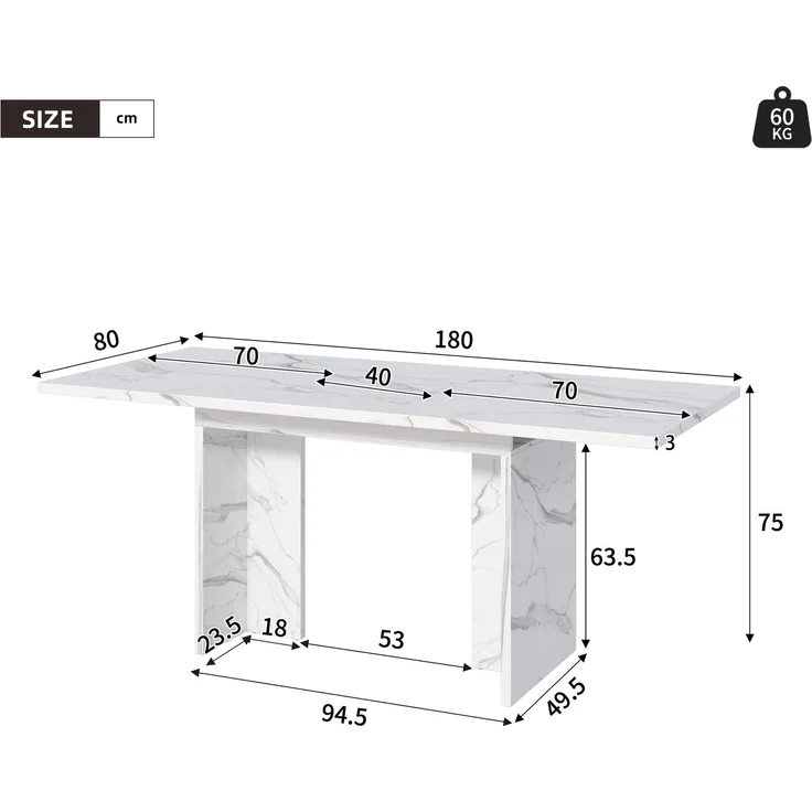 Merax Ausziehbarer Esstisch, 140/180*80 cm, geeignet für 6-8 Personen, rechteckige Form, verdickte Tischplatte, einfachen Stil,Tisch für Esszimmer, Küche, Wohnzimmer, Weißer Marmor – Bild 4