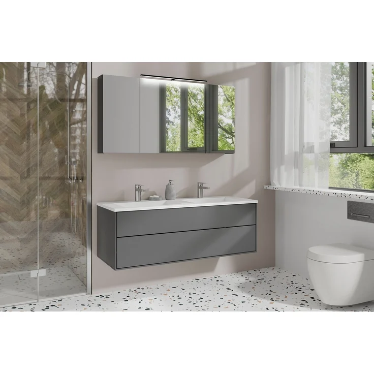 byLIVING Spiegelschrank Spree/Korpus matt mit Spiegeltüren/Hängeschrank mit Soft-Close-Funktion/Inklusive LED-Beleuchtung/Badschrank mit Stecker- und Schalterdose/B 120, H 60, T 20 cm (Anthrazit) – Bild 1