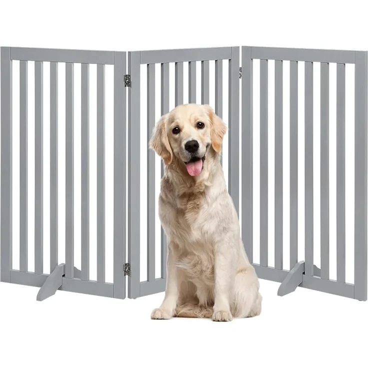 unipaws Absperrgitter, freistehendes Schutzgitter mit Füßen, Treppenschutzgitter ohne Bohren, Holz-Hundetore Türgitter Hunde Hundegitter Schutzgitter treppe, Grau (3 Elemente, 91 cm hoch) – Bild 1
