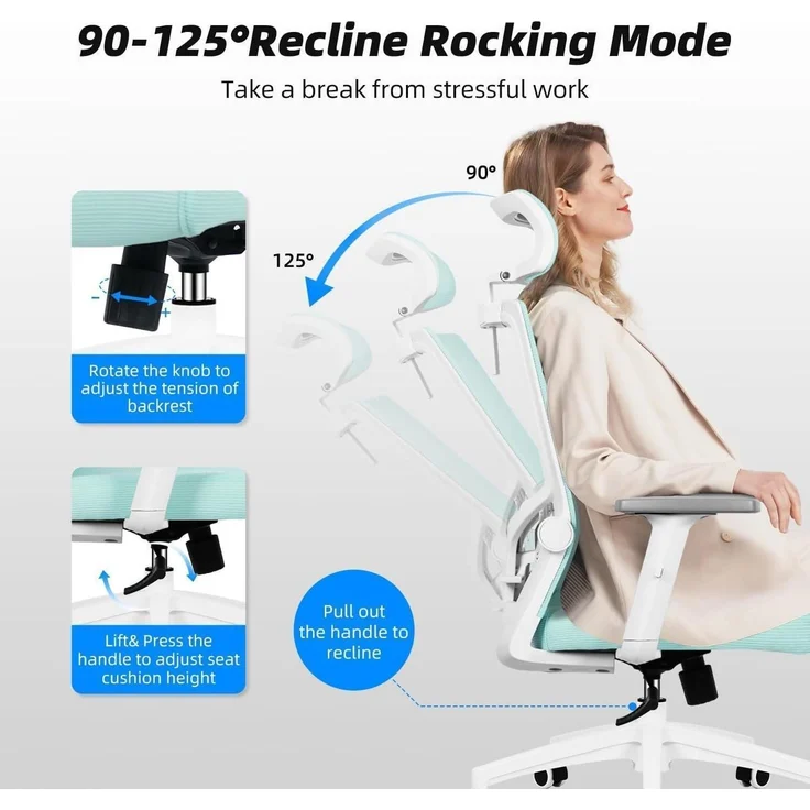 Daccormax Bürostuhl Ergonomisch, mit verstellbarer Kopfstütze, Lendenwirbelstütze & Wippfunktion, Mesh türkis, 70 x 70 x 128 cm – Bild 5