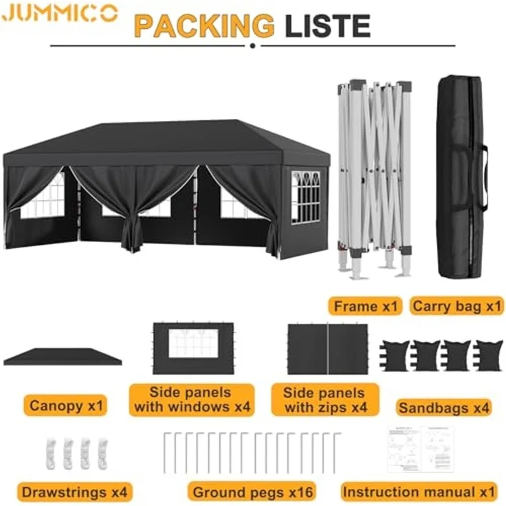 JUMMICO Pavillon 3x6 Wasserdicht Stabil Winterfest Höhe Verstellbar,Faltpavillon mit 6 Seitenwänden,Pavillion UV Schutz 50+,Gartenpavillon Faltzelt für Garten, Innenhof, Camping,Gazebo Grau – Bild 6