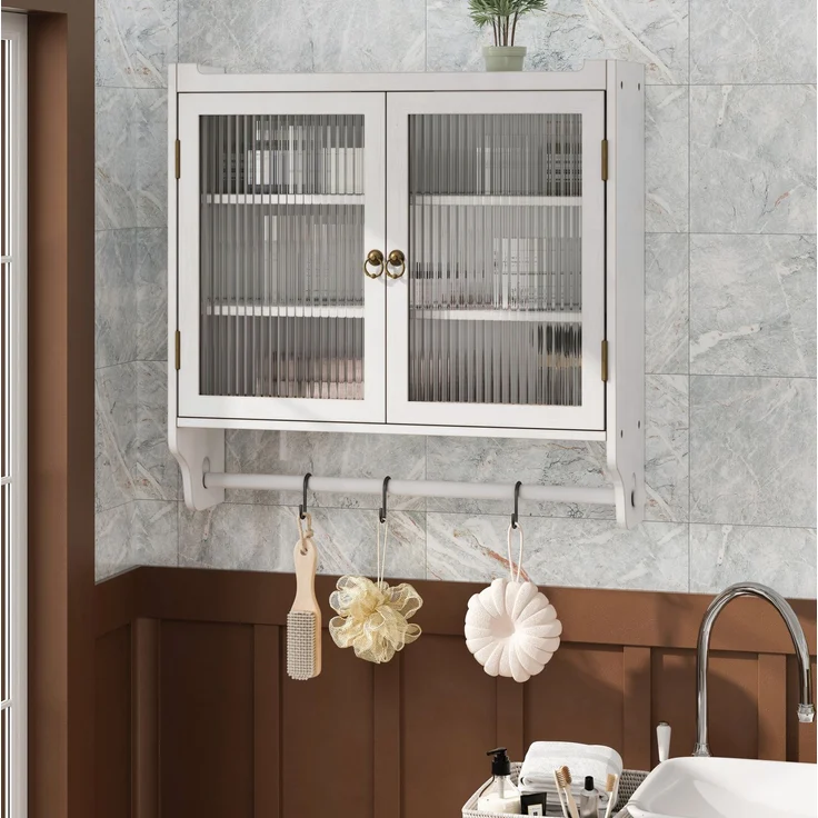 DESVIAE Regal als Wandschrank mit Glastüren und 3 Stauebenen, 63x60x18 cm, Massivholz, MDF und Glas, Weiß – Bild 1