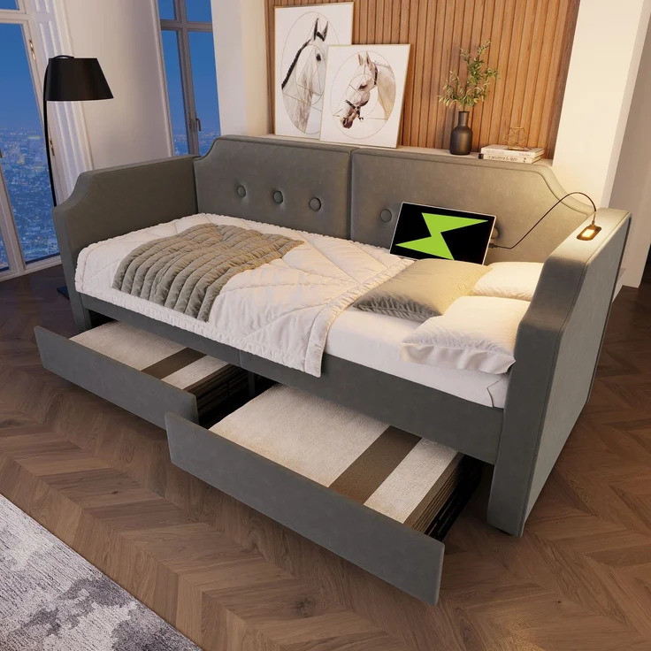 Schlafsofa Grau mit USB Type-C, Leselampe und 2 Schubladen, Samtbezug, 90x200 cm – Bild 1
