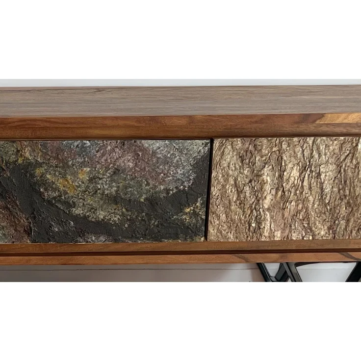 FineBuy Lowboard Sheesham Massivholz 160 cm, TV Board mit Front in Steinoptik & schwarzem Metallgestell, Fernsehschrank Industrial Design, TV Möbel Wohnzimmer Holz Metall – Bild 5