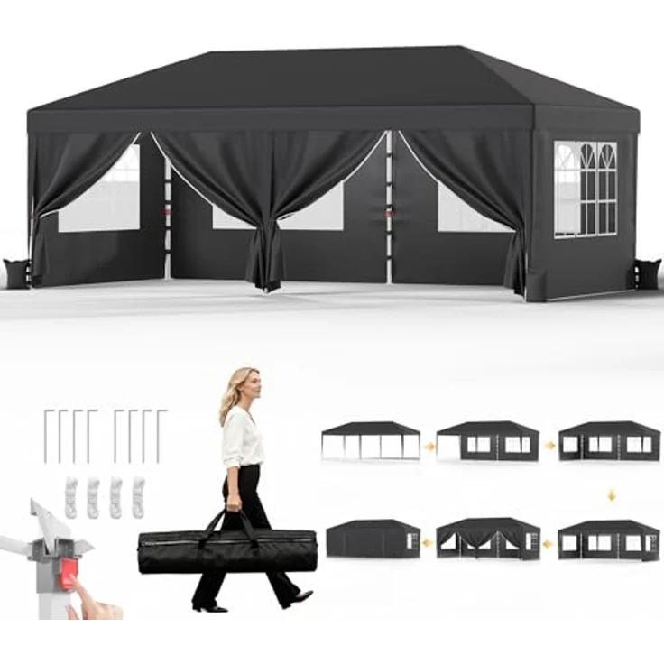 JUMMICO Pavillon 3x6 Wasserdicht Stabil Winterfest Höhe Verstellbar,Faltpavillon mit 6 Seitenwänden,Pavillion UV Schutz 50+,Gartenpavillon Faltzelt für Garten, Innenhof, Camping,Gazebo Grau – Bild 1