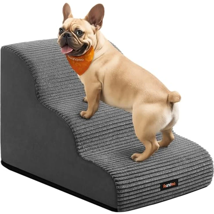 Feandrea Hundetreppe, 3 Stufen, Cord mit Querstreifen, Haustiertreppe, für Bett, Sofa, wasserdicht, rutschfest, geringe Neigung, Abnehmbarer waschbarer Bezug, Griff, schiefergrau PPS003GN01 – Bild 2
