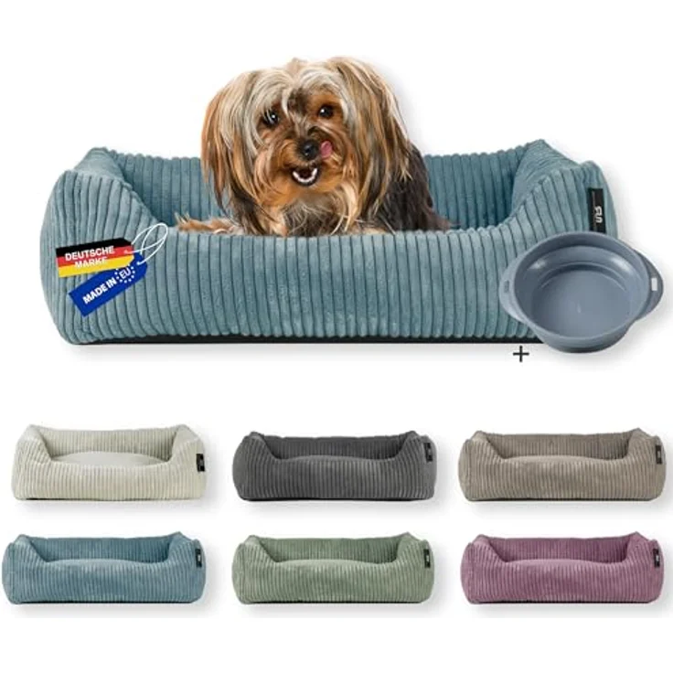 Rohrschneider Tierbett Hundebett Cord für kleine Hunde mit waschbarem Bezug inkl. Futternapf, antiruschbeschichtete Unterseite – Bild 2