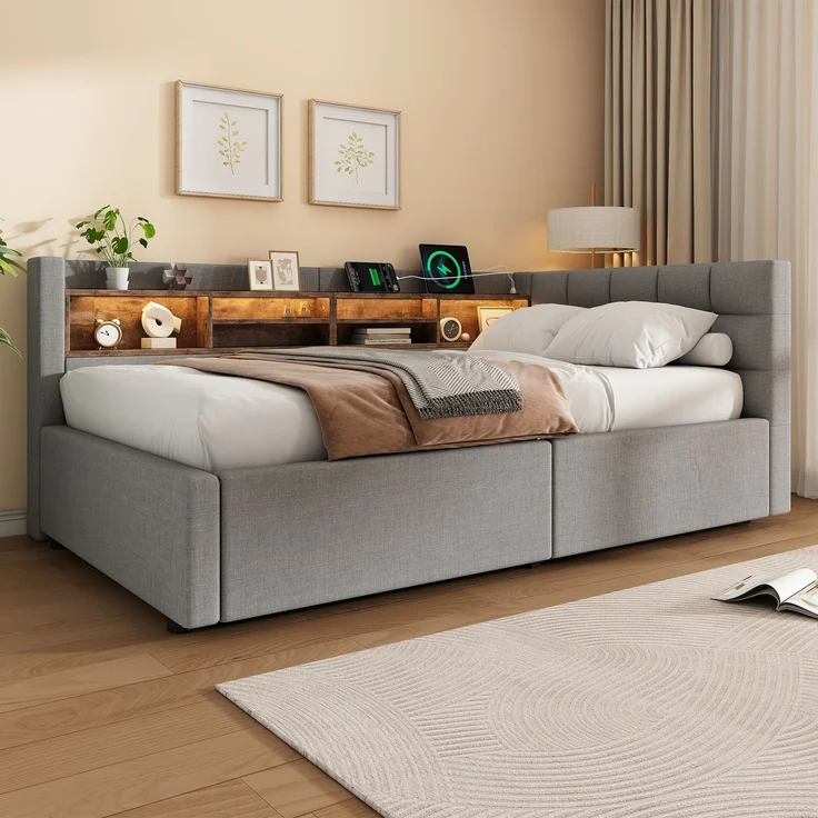 Daybett, Tagesbett, Schlafsofa,90x200cm, Ohne Matratze, Hydraulische Lagerung, mit dimmbarer LED-Leiste, mit praktischem Regal, mit USB-Anschluss, Grau – Bild 4