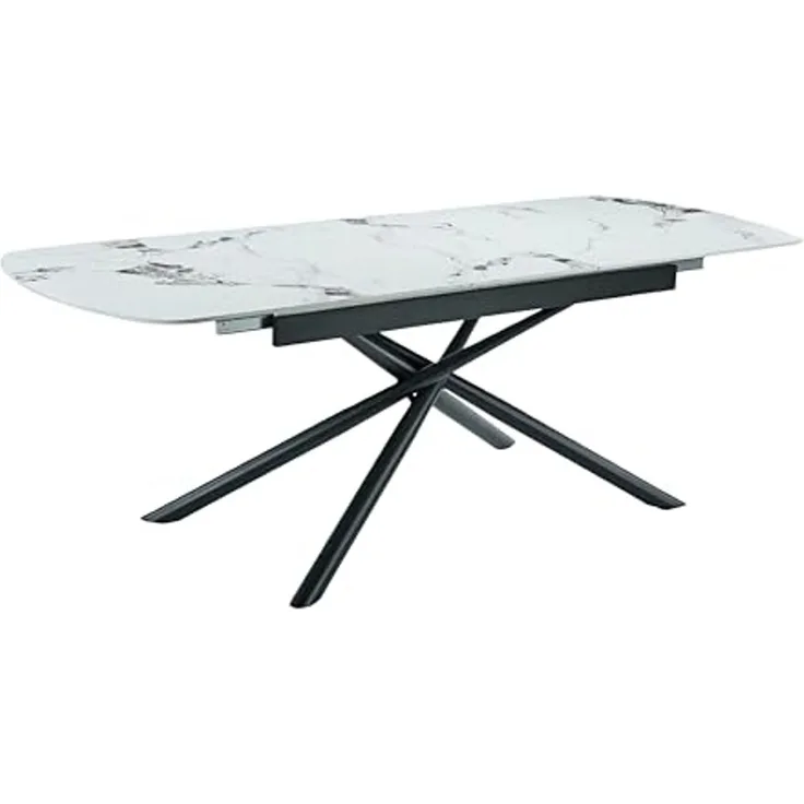 Hela Tische, Esstisch Auszugstisch Sintra, Platte Sintered Stone weiß Marmoroptik, Liftautomatik Auszug, Maß 180-220x90cm