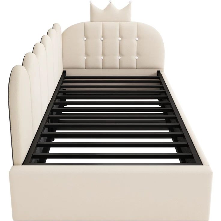 Merax Einzelbett 90x200 cm, Kinderbett, Polsterbett mit 90x190 cm Ausziehbett, Niedliches Kronen- und Gitterdesign, Samt, Beige – Bild 8