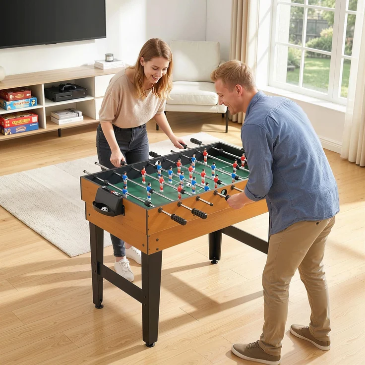 MELAYR, 4-in-1 Partyspieltisch inkl. Tischtennis, Kicker, Billard, Tischhockey, 107 x 61 x 84.5 cm, Naturholz+Schwarz – Bild 3