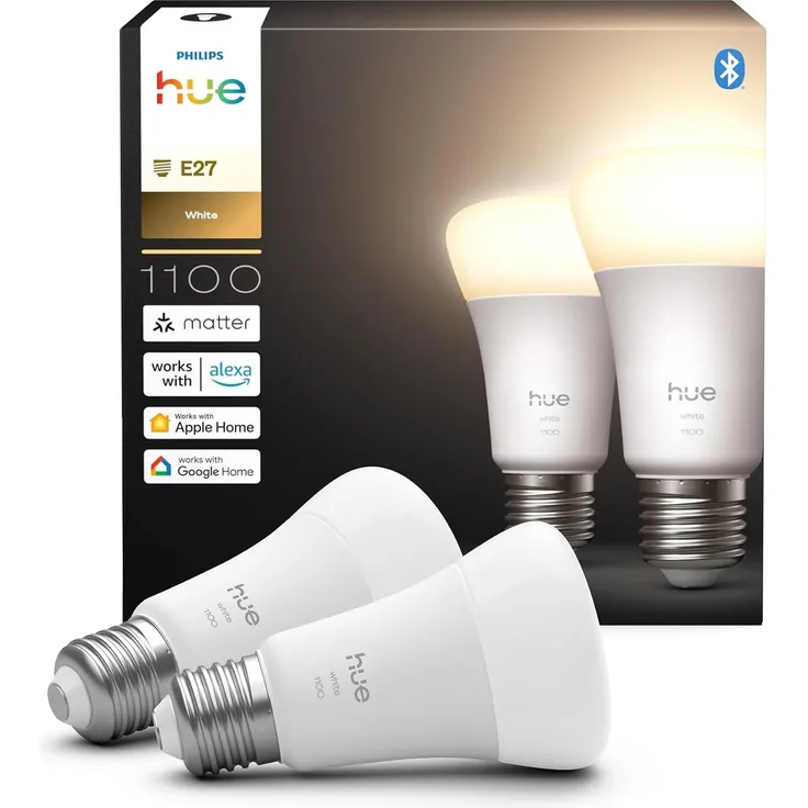 Philips Hue Smart LED A60 Lampe, warmes Weißlicht 2700K, E27 Fassung, 9,5W, 1100 Lumen, dimmbar, kompatibel mit Alexa, Google Assistant und Apple Home, 2er Pack