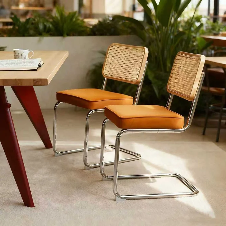 LVHOM Freischwinger 2er Set Esszimmerstuhl, Retro Küchenstuhl mit Chromgestell & Rattan-Rückenlehne, gepolsterter Samtsitz, stapelbar, moderne Wohnzimmerstuhl, Orange – Bild 2