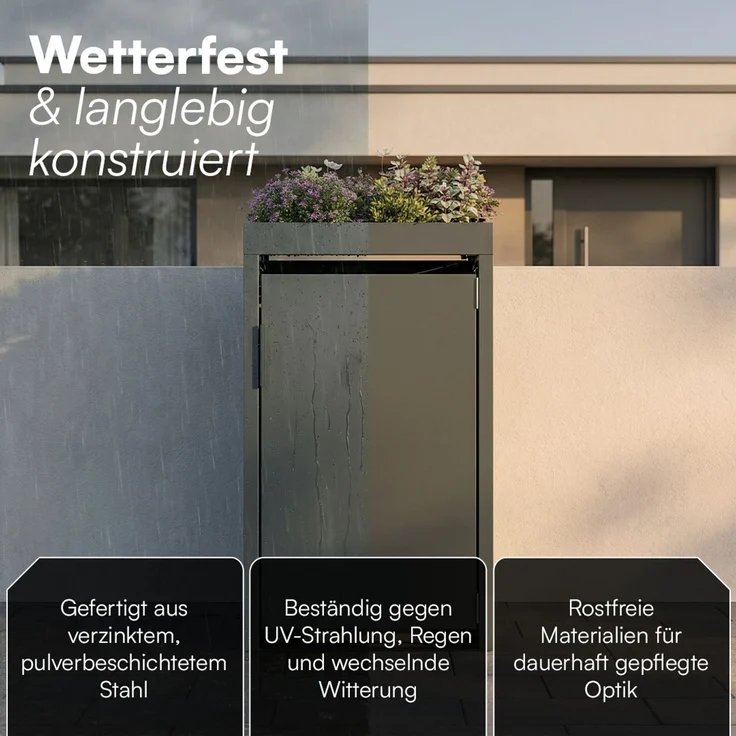 STEELSØN 'Thoria' Mülltonnenbox 1er je 120 Liter, anthrazit, Mülltonnenverkleidung aus Stahl, wetterfest, 111x62x60,5 cm, Müllbox mit Pflanzendach für 1 Tonne – Bild 4