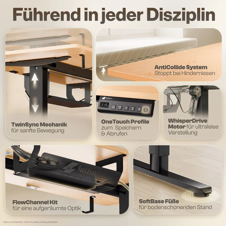 LUTIVO Foxtrot, Höhenverstellbarer Schreibtisch Elektrisch, Memory-Funktion und Kabelmanagement, 120 x 60 cm, Schwarz/Holz – Bild 4