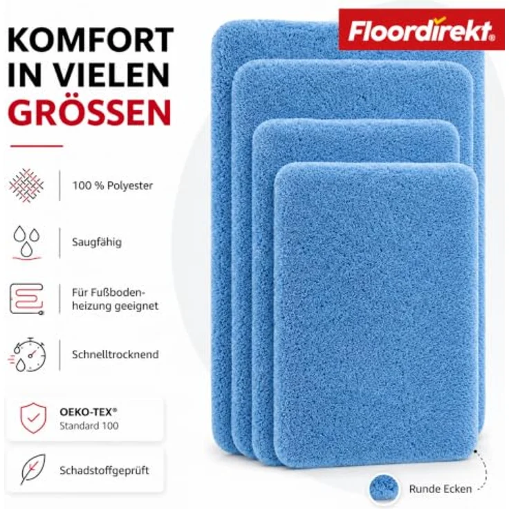 Floordirekt Badematte Sky - Hochflor Badezimmerteppich, rutschhemmend & schnell trocknend, geeignet für Fußbodenheizung, eckig & rund (70 x 120 cm, Hellblau) – Bild 4