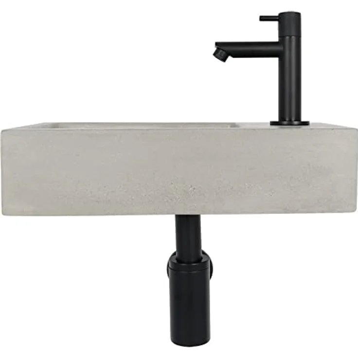 Differnz Jukon Handwaschbecken, kompaktes Betonwaschbecken hellgrau mit geradem schwarzen Kaltwasserhahn, Komplettset, 38,5 x 18,5 x 9 cm – Bild 2