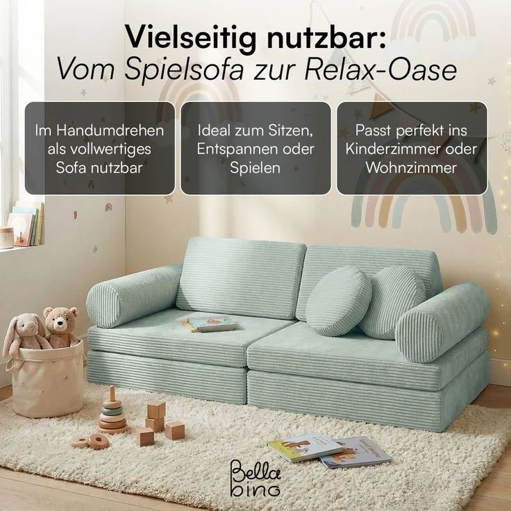 Bellabino 'Nile' Spielsofa mit Kissen und Armlehnen, 8-tlg, Cord, türkis, faltbare Kindercouch, abnehmbarer & waschbarer Bezug, Kindersofa aus Schaumstoff – Bild 7