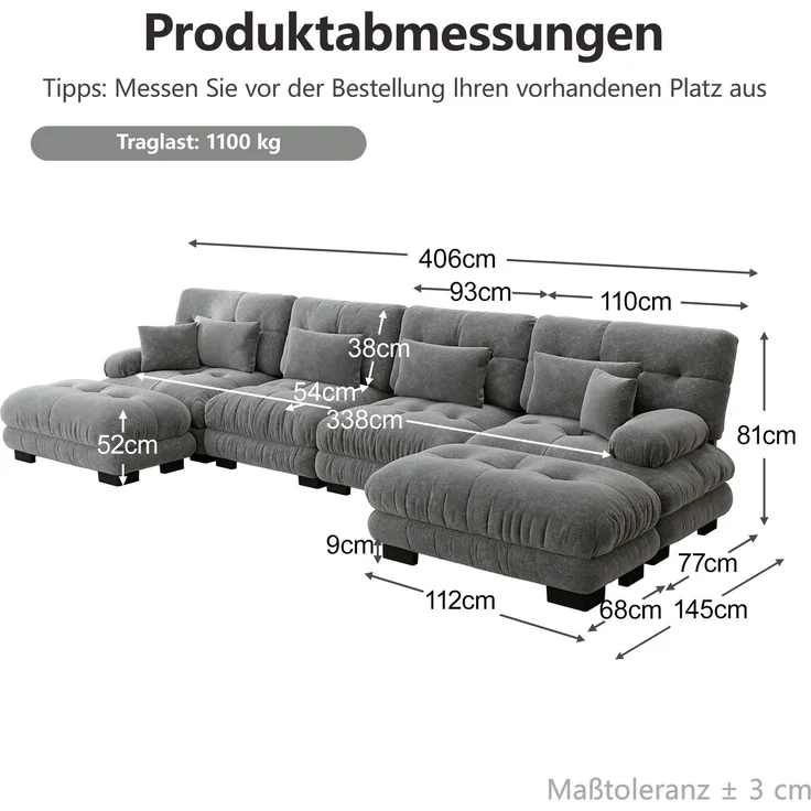 ZUBALIYA Modulare Wohnlandschaft, modular kombinierbar, mit Hocker, H 81 × T 145 × B 406 cm, Grau, Chenille – Bild 4