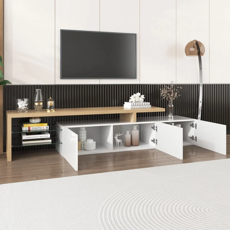 TV-Schrank 197,5 cm Weiß Hochglanz Holzoptik mit LED Beleuchtung, Lowboard mit Stauraum und Glasböden – Bild 2