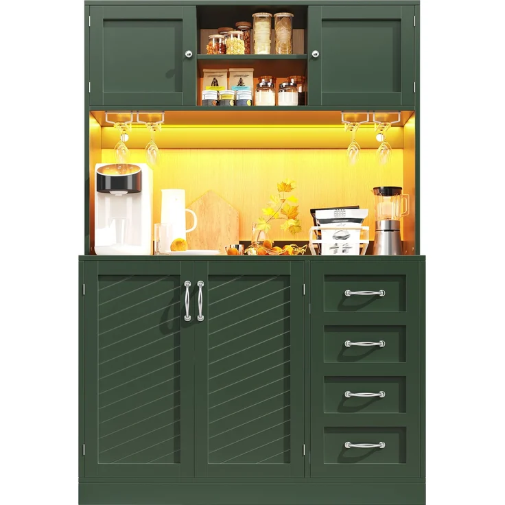 Seitenboard / Aufbewahrungsschrank / Küchenschrank / Buffetschrank, 120 x 40 x 188 cm, mit LED-Beleuchtung, Snackregal & Getränkehaltern, 4 Türen & 2 große Schubladen, Grün/Schwarz/Weiß – Bild 5