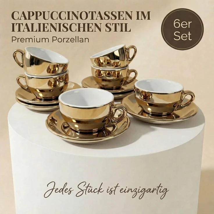 MUVELL Cappuccinotasse 6er Cappuccino-Set "FLORENZ" Tasse 200ml + Untertasse, gold, 6-tlg, Keramik, 200 ml robust – Bild 2