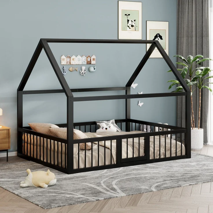 Hausbett mit Lattenrost, Zaun, Tür und Rausfallschutz, 140x200 cm, Metallbett, Kinderbett, Doppelbett, Jugendbett – Bild 4