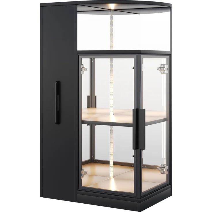 Glasvitrine 64x42x112 cm mit LED-Beleuchtung und ausziehbarem Seitenschrank, Schwarz – Bild 5