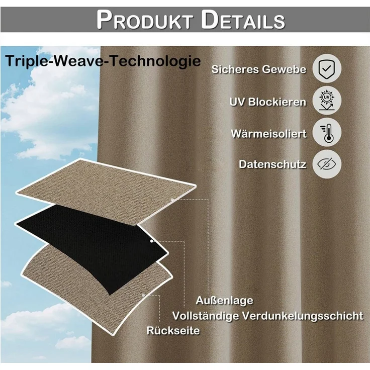 SERBASIC Outdoorvorhang 100% Blickdicht Sonnenschutz Wasserdicht Hohe Dichte Gardine (2 St), 1/2 Stücke mit Ösen Vorhang für Außen Garten Terrasse Pavillon – Bild 4