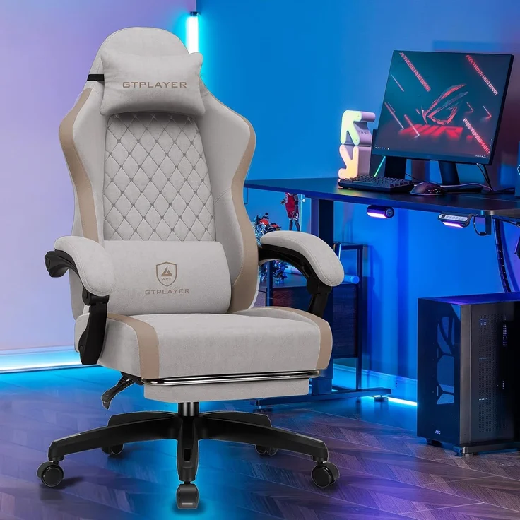 GTPLAYER Gaming Stuhl Ergonomischer, PC Stuhl Atmungsaktiver Stoff, Groß und Hoch Drehbarer Schreibtischstuhl mit Fußstütze,Verstellbare Lendenwirbelstütze und Kopfstütze,Hellbraun – Bild 10