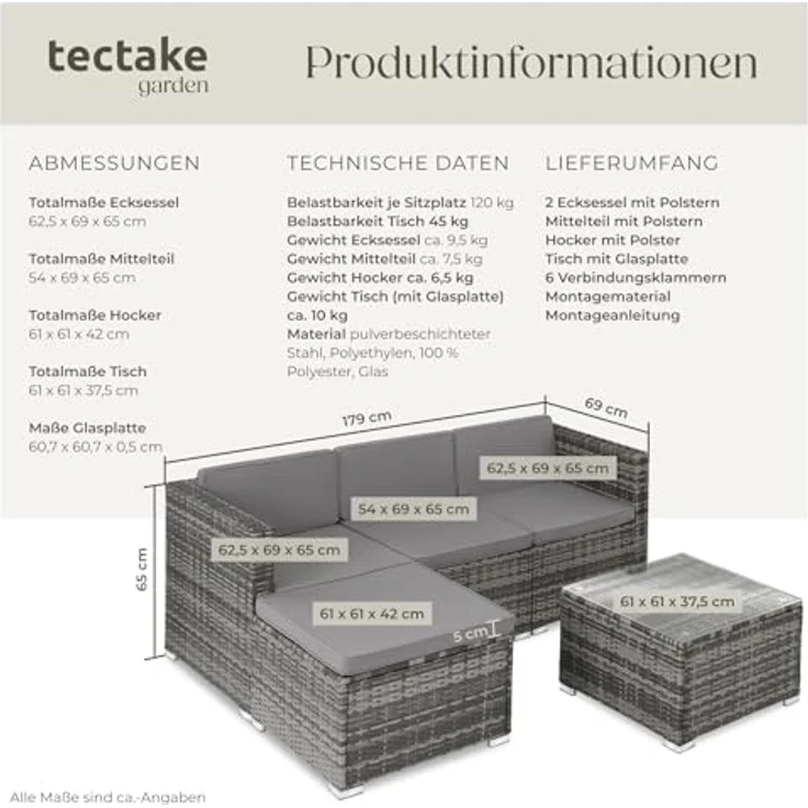 tectake® Poly Rattan Lounge, Outdoor Sitzgruppe, Set mit Sofa Sessel, Hocker, Tisch, frei kombinierbar, Sitzecke für 3-4 Personen, Möbel wetterfest für Garten Terrasse Balkon - grau – Bild 6
