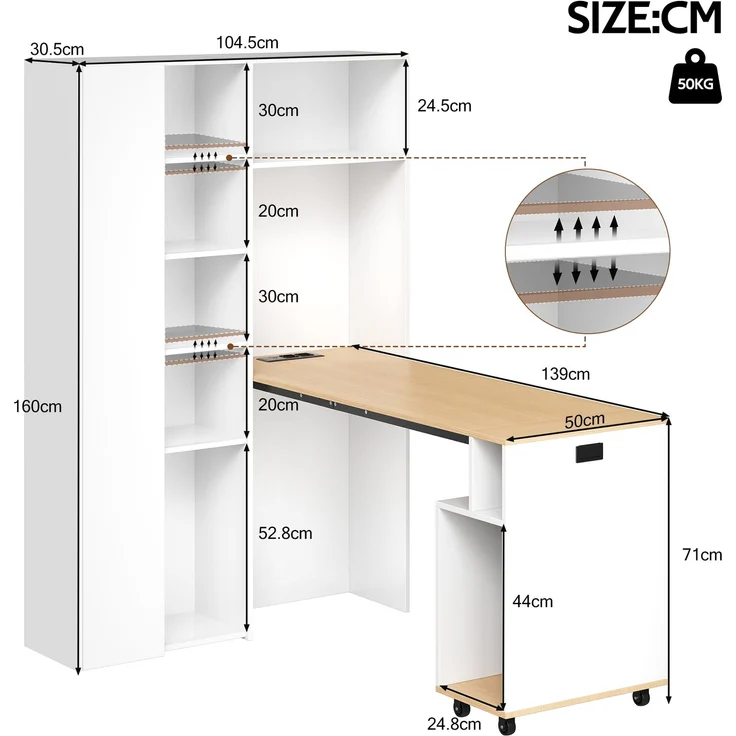 Klappbarer Schreibtisch mit Ablagen –2-in-1-Bücherregal und Schreibtisch, klappbar, mit Steckdose und USB-Anschluss, höhenverstellbare Ablagen, Kippschutz, weiß-Schreibtisch,Eck-Schreibtisch –links – Bild 6