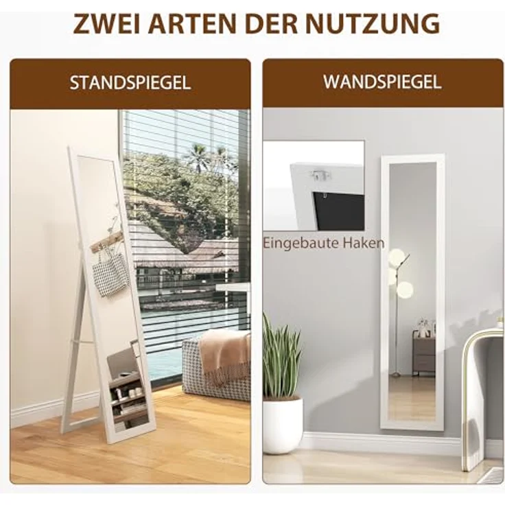 HOMCOM Standspiegel mit Ständer und Haken (Stehspiegel, 1-St, Wandspiegel), für Wohnzimmer, Schlafzimmer, Weiß – Bild 5