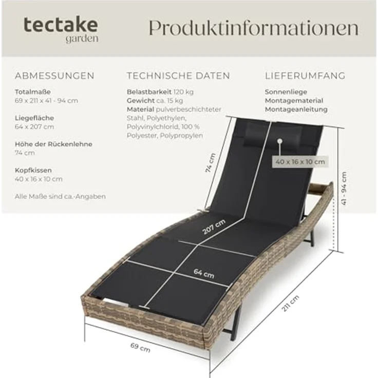 tectake® Sonnenliege, 6-Fach verstellbare Rückenlehne, Gartenliege wetterfest, Poolliege mit Kopfkissen, Outdoor Liege, UV-beständig, Strandliege für Garten, Terrasse und Balkon - Natur – Bild 2