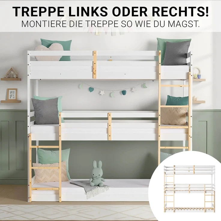 Homestyle4u Kinderbett Etagenbett 90x200 Kinder Dreifachbett Hochbett Weiß Holz Natur Stockbett Spielbett – Bild 6