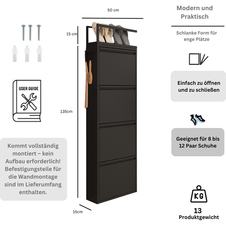 Schuhkipper mit Zubehör, Schwarz, 4 Klappen 52x15x151 cm, Pantoffelregal, Hakenleiste – Bild 7