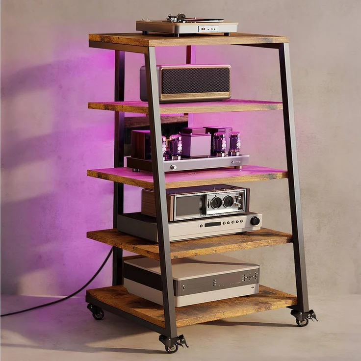 XIIW Media-Board TV-Regal HiFi-Rack mit RGB-LEDs & 4 Rollen TV Rack TV Ständer (5 Etagen, 60 x 52 x110 cm), Media-Regal mit 2 RGB-LEDs per App, Verstellbaren Ablagen, bis 140 kg – Bild 1