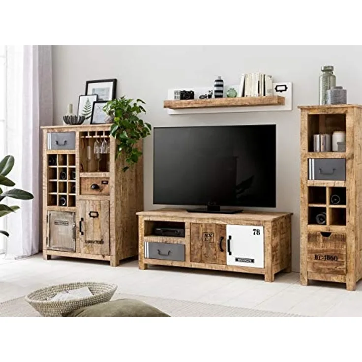 Wohnwand Schrankwand Anbauwand Pune Woodkings Mango Massivholz natur Metall Industrial-Style 150x80x43 cm TV-Bank Möbelset Komplettset