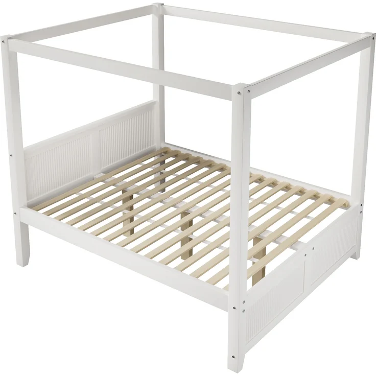ZUBALIYA 140x200cm Himmelbett aus Holz mit dekorativem Dachrahmen und vertikalen Lamellen am Kopf- und Fußteil, Weiß – Bild 12