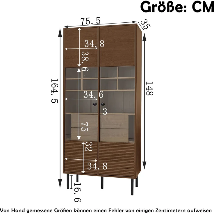 Mehrzweig-Vitrinenschrank in Nussbaumholzoptik: Glasfront + Etagenregal + versteckte Schublade｜Allround-Aufbewahrungslösung für Bad/Wohnzimmer/Büro--Holz--75.5x35x164.5cm--YOUDENOVA – Bild 5