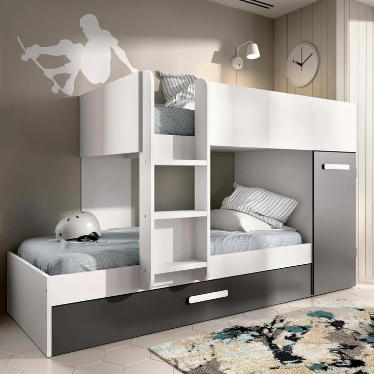 Dmora - Schlafzimmer Eiger, Komplettes Schlafzimmer, Etagenbettkomposition mit Zwei Einzelbetten, 244x112h150 cm, Weiß und Anthrazit – Bild 1