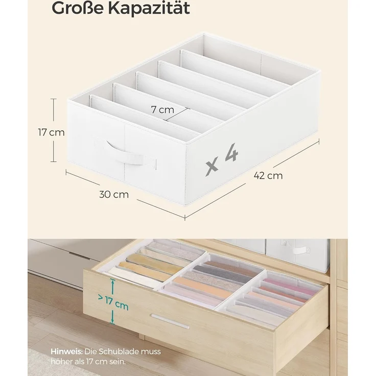 SONGMICS Kleiderschrank-Organizer 4er Set, Aufbewahrungsbox 6 Fächer, Schubladen-Ordnungssystem, Ordnungsboxen faltbar, 42 x 30 x 17 cm, für Hosen, Kleidung, wolkenweiß RUSDE009W04 – Bild 5