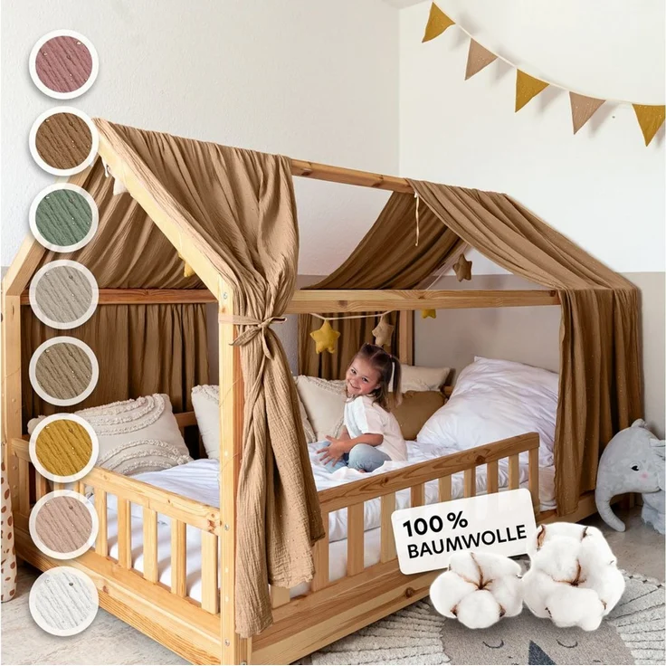 lilimaus Betthimmel Hausbett Himmel Gold aus Musselin - 2er-Set für Kinderbett (1-tlg), 2 Stoffbahnen mit feinen Goldapplikationen - schnell montiert – Bild 1