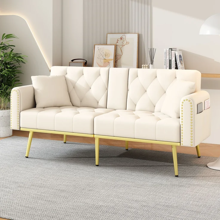Schlafsofa mit 3-fach verstellbarer Rückenlehne und Getränkehalter, Velours, 175x80x73,5 cm, Beige – Bild 2
