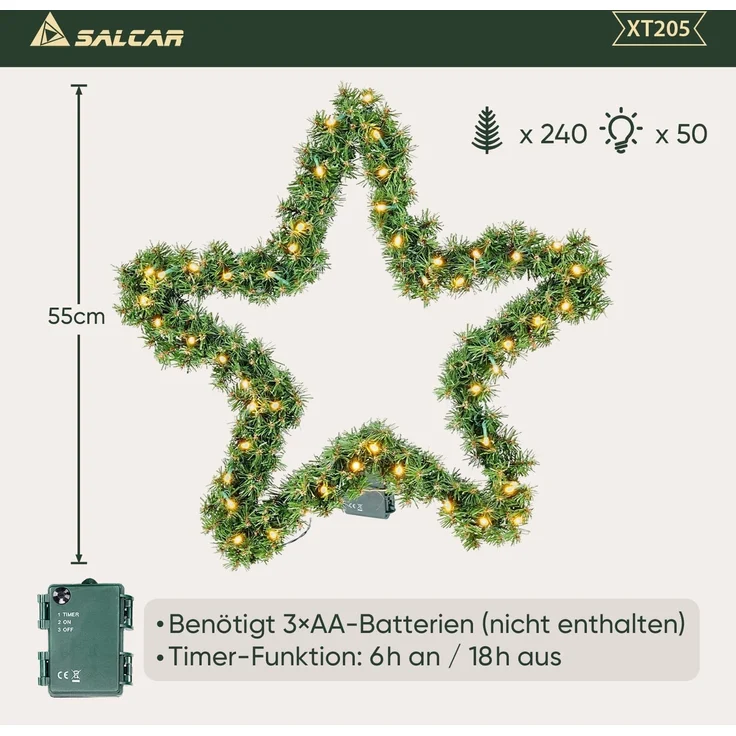 SALCAR Premium Weihnachtsstern 55 cm aus PVC mit 240 Zweigen & warmweißem LED Lichterkette – Festliche Weihnachtsdeko für Tür, Kamin, Balkon oder Garten, batteriebetrieben – Bild 4