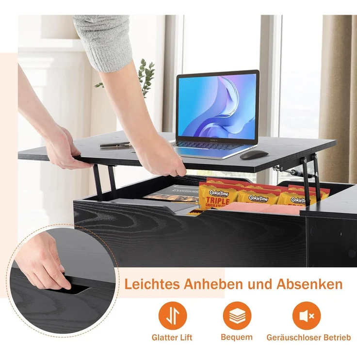 Sweetcrispy Couchtisch Höhenverstellbar, Tisch Wohnzimmertisch, offener und versteckter Stauraum Couchtisch, Sofatisch Beistelltisch, 100x50 cm Sofatisch aus Holz für Wohnzimmer, Schwarz – Bild 5
