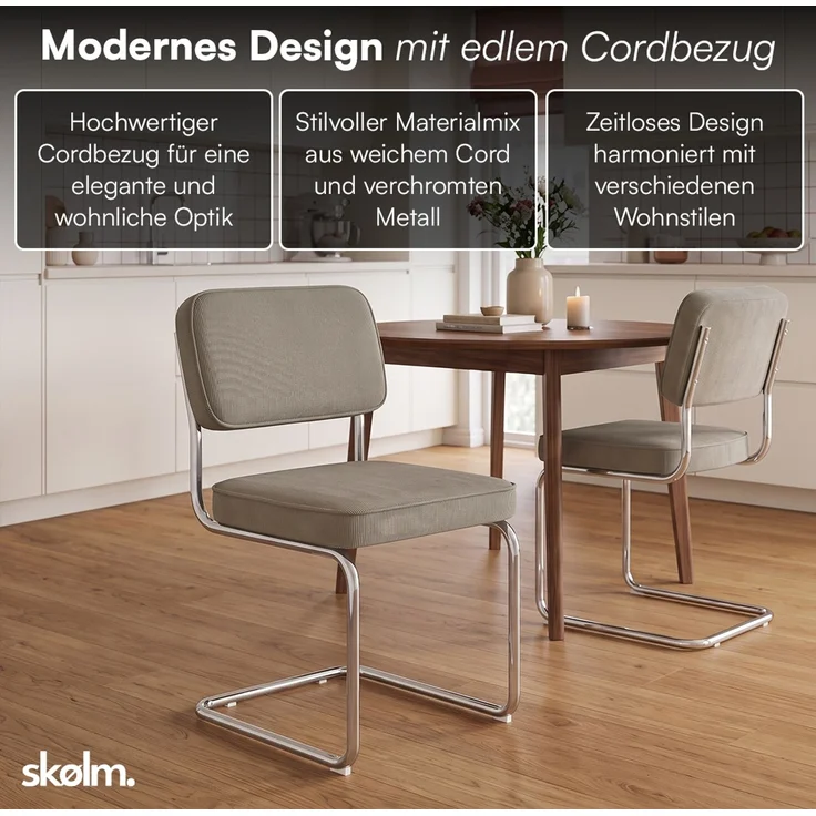 skølm 'Thund' Esszimmerstühle 2er Set, macchiato, Polsterstuhl aus Cord mit verchromten Metallgestell, Schwingstuhl bis 120 kg belastbar – Bild 2