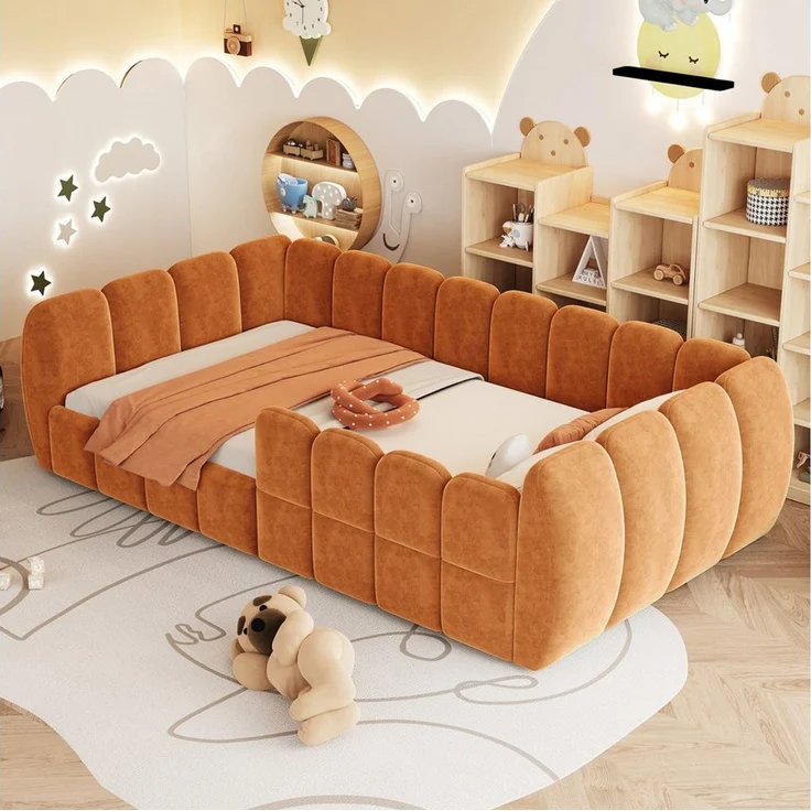 Celya Polsterbett Gepolstertes Kinder-Bodenbett, Samtbezug (Ohne Matratze, komplett geschlossenes Design, abgerundete Ecken), geeignet für Kinder-, Kleinkind- und Jugendzimmer – Bild 1