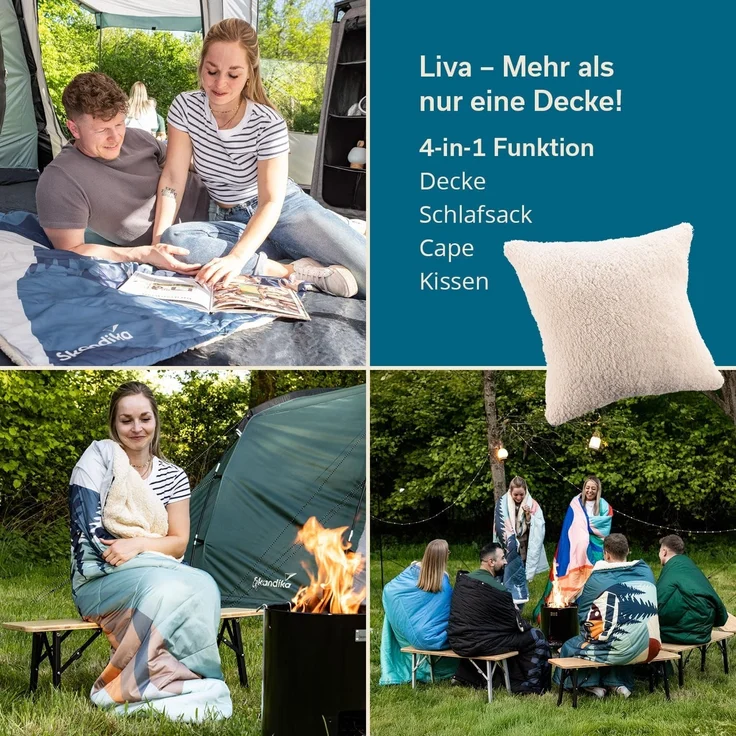 Skandika Deckenschlafsack Campingdecke Liva, 4-in-1, Outdoor Decke, 200x135cm, Überwurf, Kissen, mit Teddyfell oder Nylon Unterseite, Polyester, wasserdicht – Bild 2